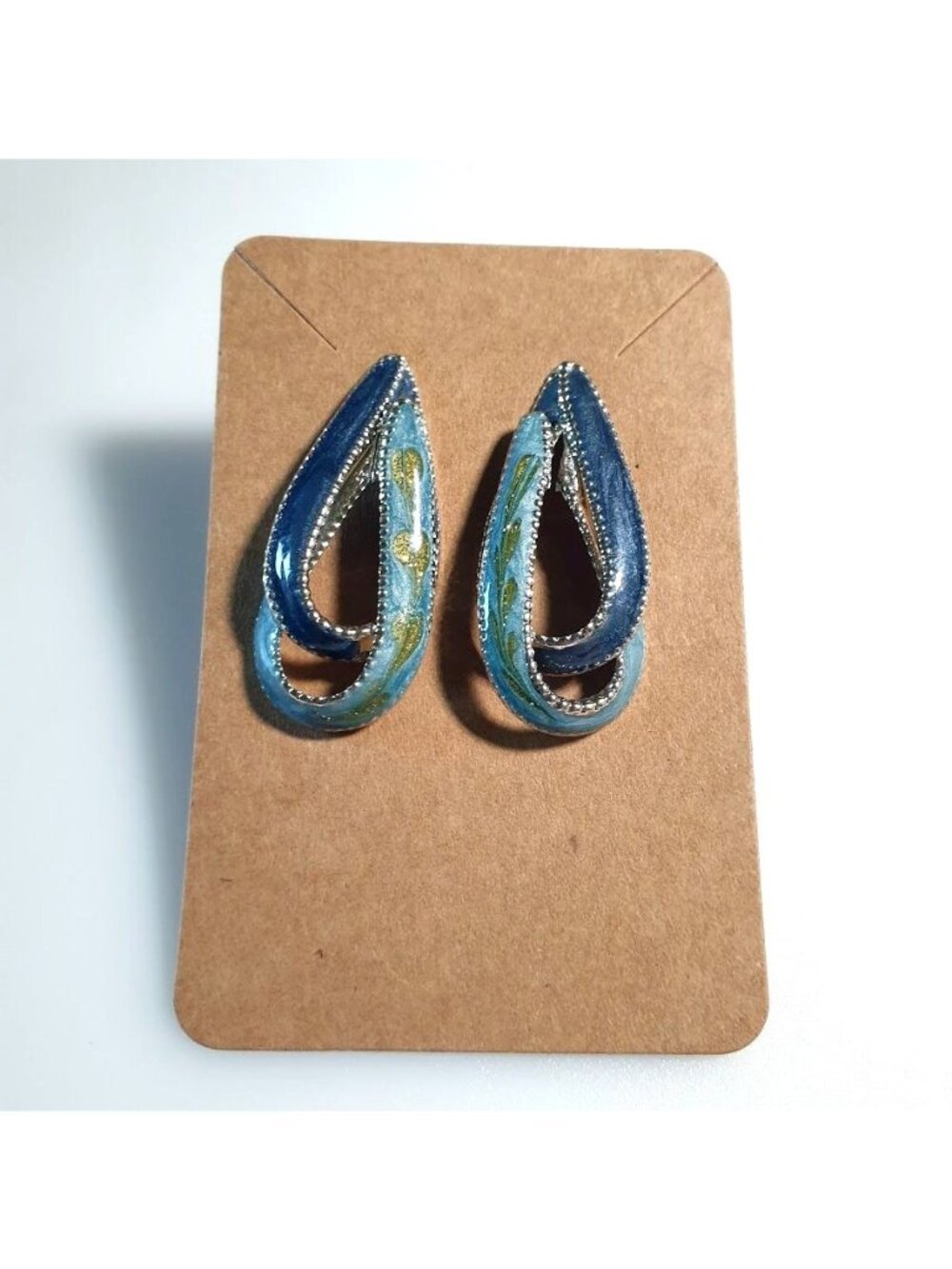 Handcrafted Teardrop Earrings Blue Enamel Silver Tone Swirl Abstract Lightweight
